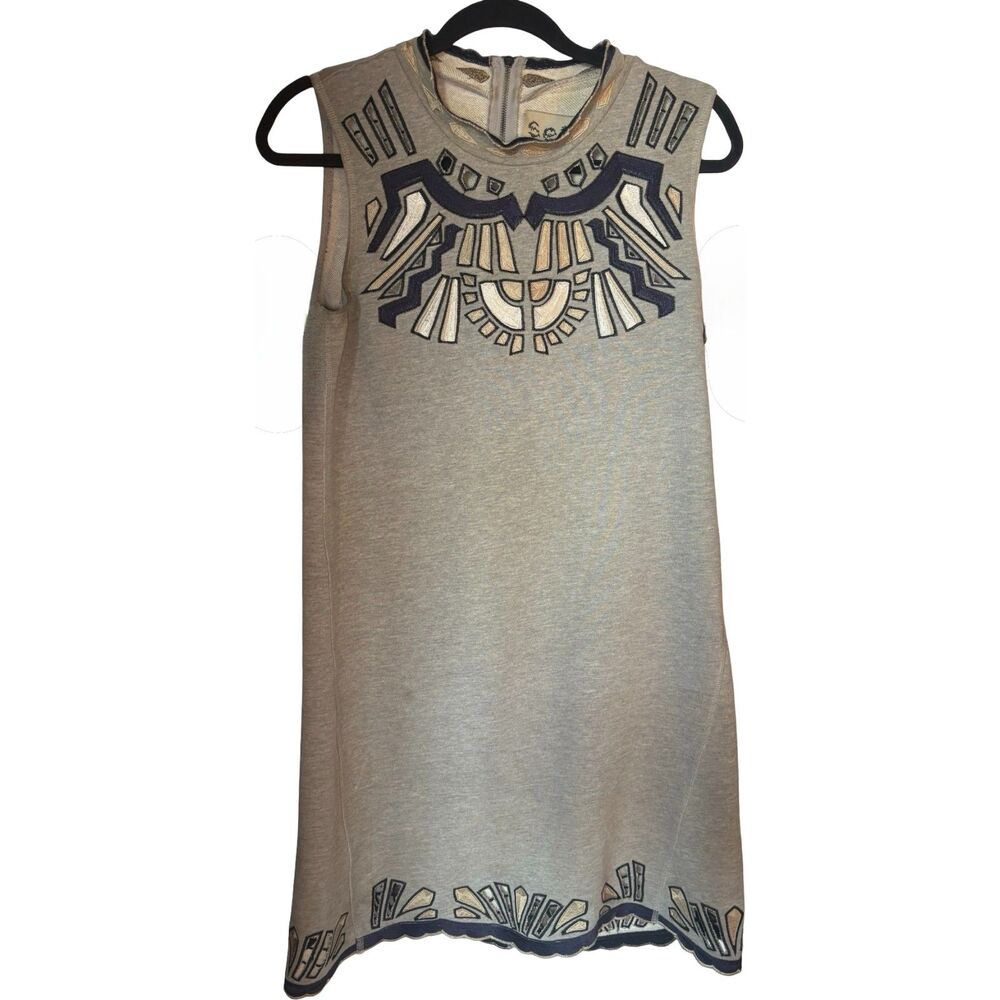 Sea NY EUC Embellished Geometric Shift Sweatshirt Dress Grey Navy Cream Sz M